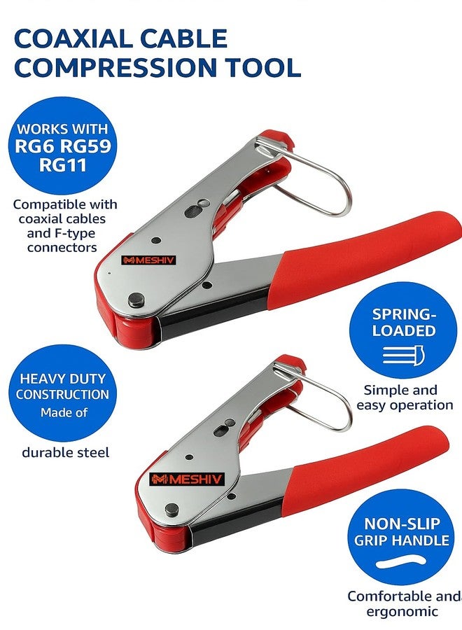 MESHIV أداة ضغط كابلات Meshiv المحورية لـ RG6 وRG59 وRG11 | أداة تجعيد موصلات من النوع F شديدة التحمل بمقبض مانع للانزلاق | أداة تجعيد كابلات محورية احترافية للتلفزيون والأقمار الصناعية وكاميرات المراقبة والإنترنت عريض النطاق (أحمر) - Image 2
